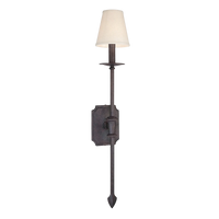 Acres Market & Interiors La Brea Single Sconce with off-white linen shade and textured iron base. Modern form with timeless elegance.