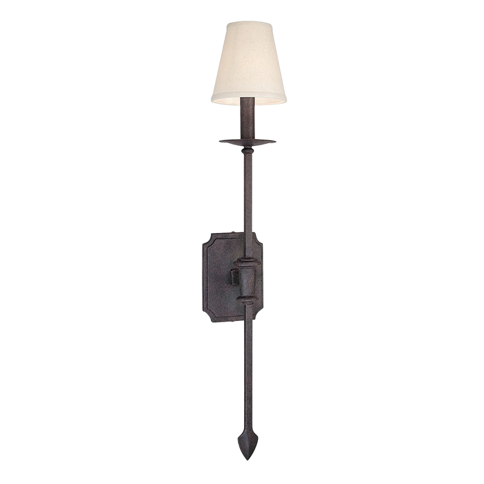 Acres Market & Interiors La Brea Single Sconce with off-white linen shade and textured iron base. Modern form with timeless elegance.