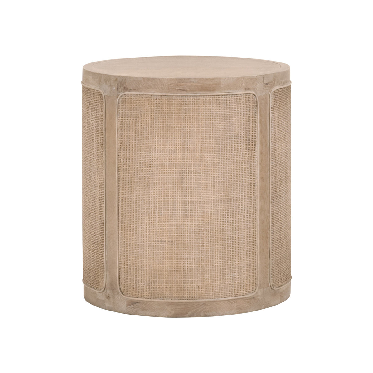 A round-shaped accent table with a cane front inlay and rounded edges, featuring a natural beige finish.