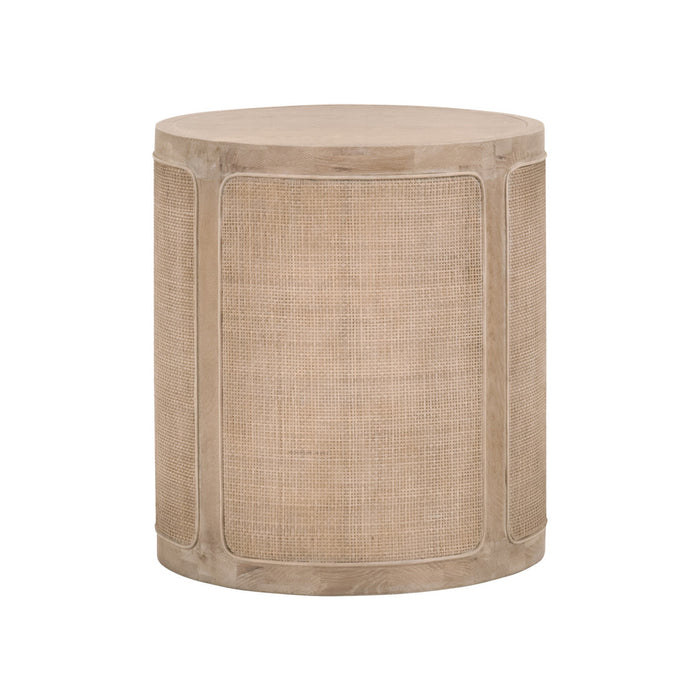 A round-shaped accent table with a cane front inlay and rounded edges, featuring a natural beige finish.