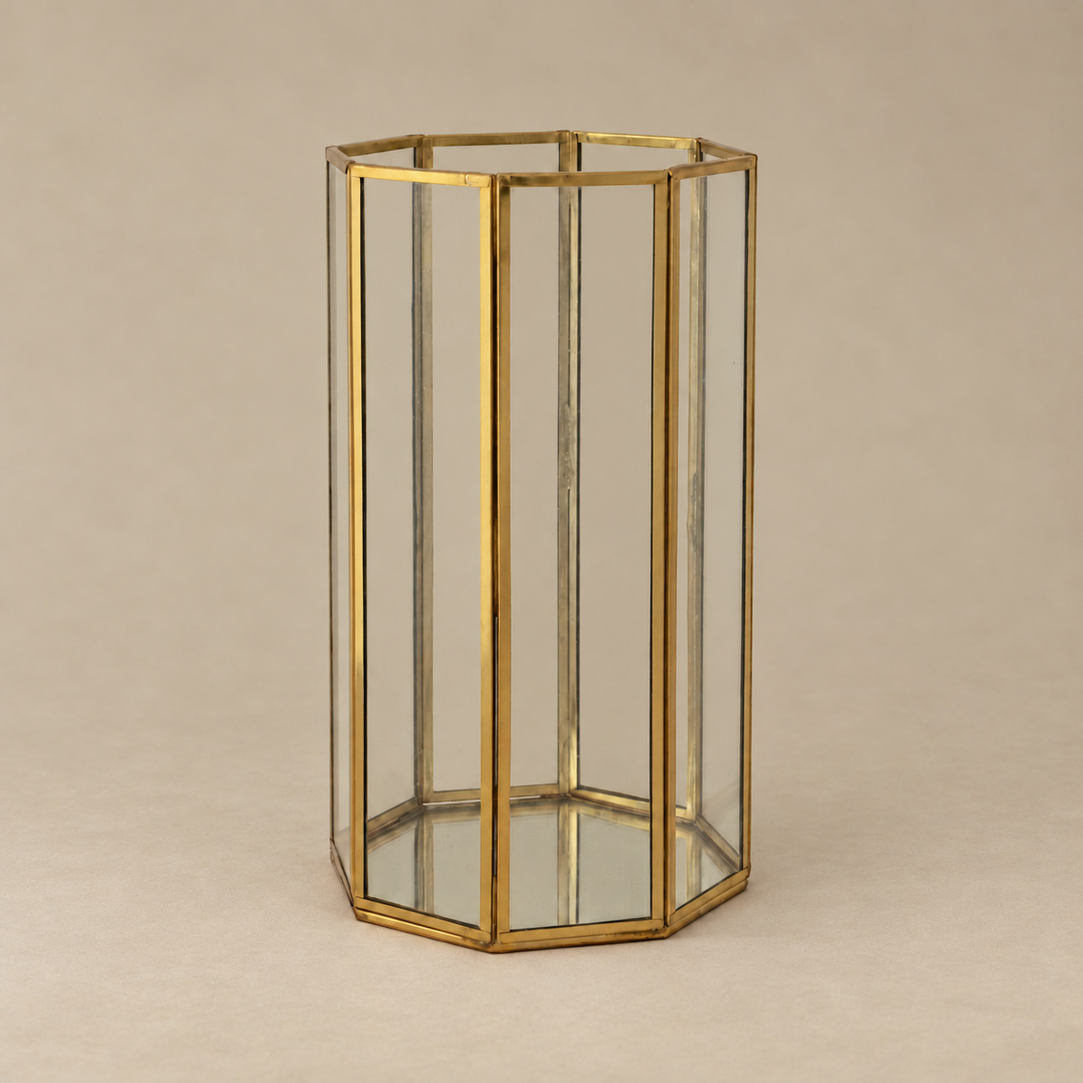 A hexagonal glass terrarium with a polished gold brass frame, featuring mirrored glass panels on a neutral beige background.