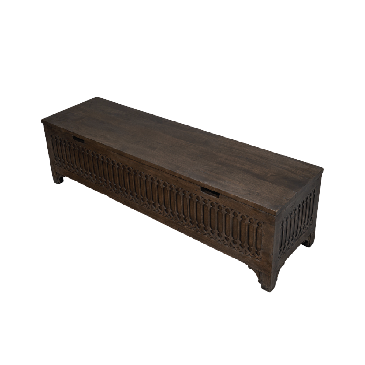 Wooden bench with decorative carvings.