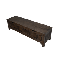 Wooden bench with decorative carvings.