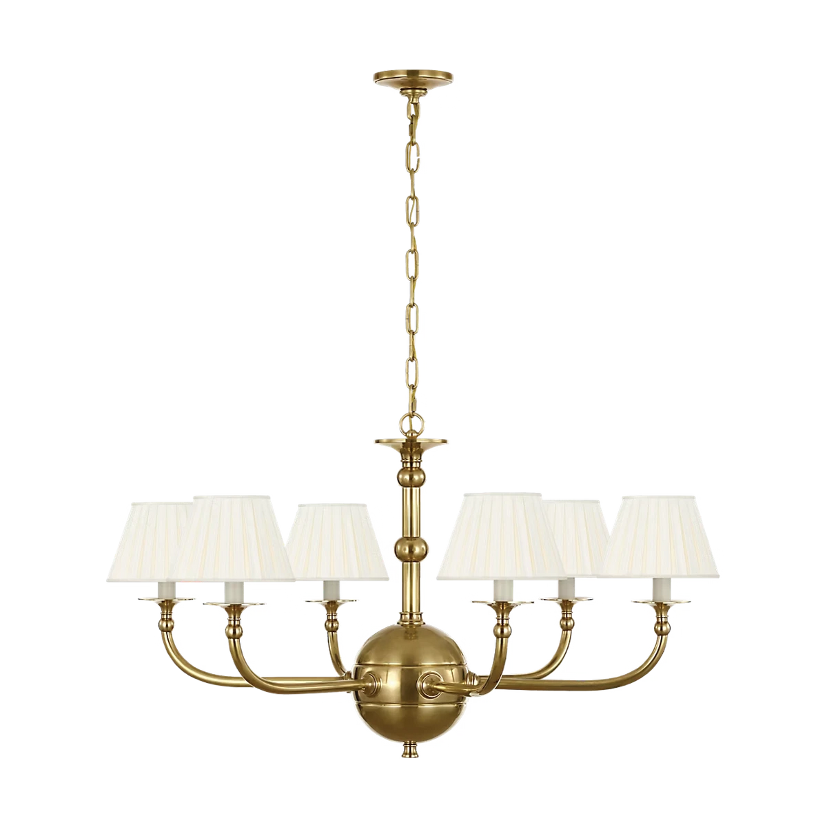 Acres Market & Interiors Embers 41" brass chandelier with five cream pleated shades and a central globe.