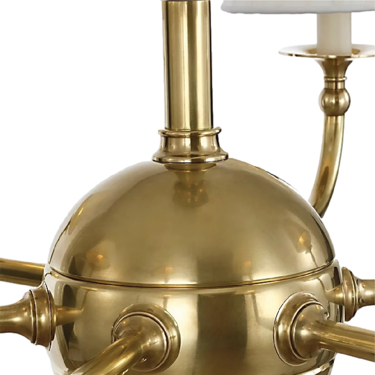Acres Market & Interiors Embers 41" Chandelier, polished brass, spherical body with radiating arms and candle-style lights.