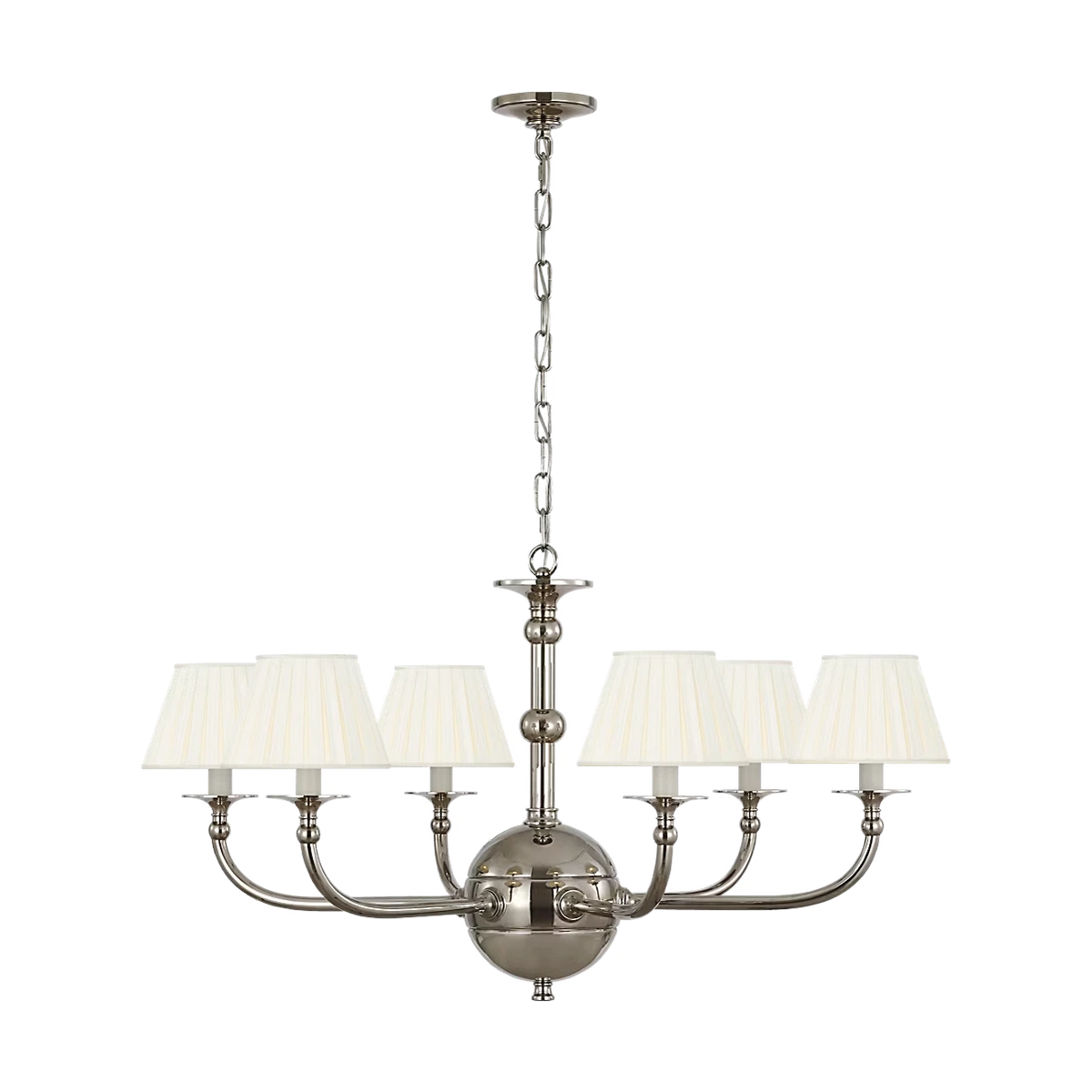 Acres Market & Interiors Embers 41" Chandelier with 5 cream pleated shades and polished nickel finish.