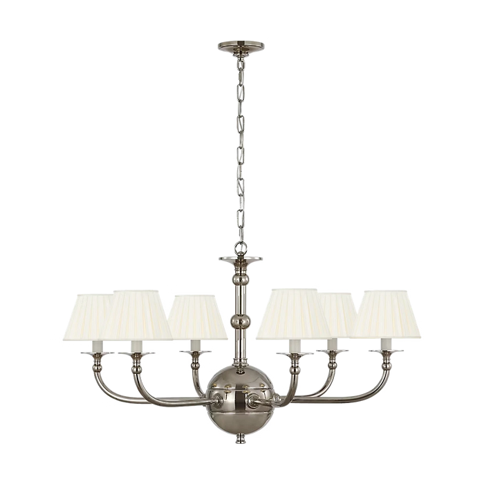 Acres Market & Interiors Embers 41" Chandelier with 5 cream pleated shades and polished nickel finish.