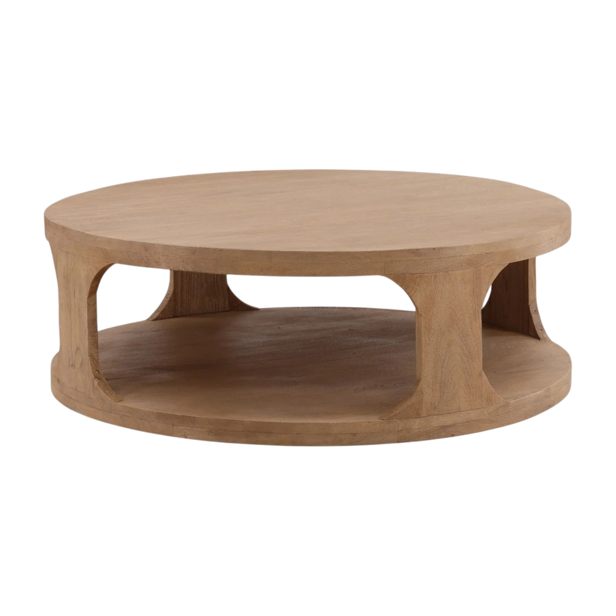 Round wooden coffee table on a white background