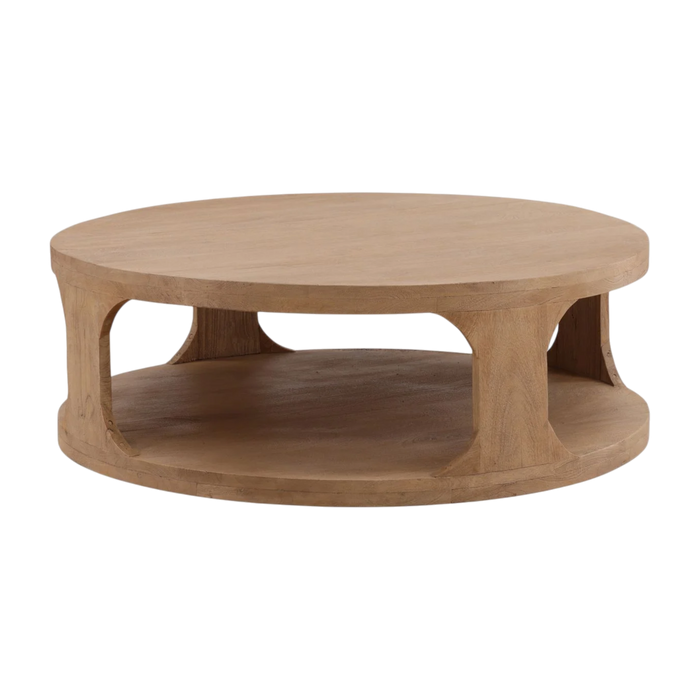 Round wooden coffee table on a white background