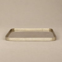 A rectangular metal tray with rounded corners and a brushed metallic finish, shown on a plain beige background.