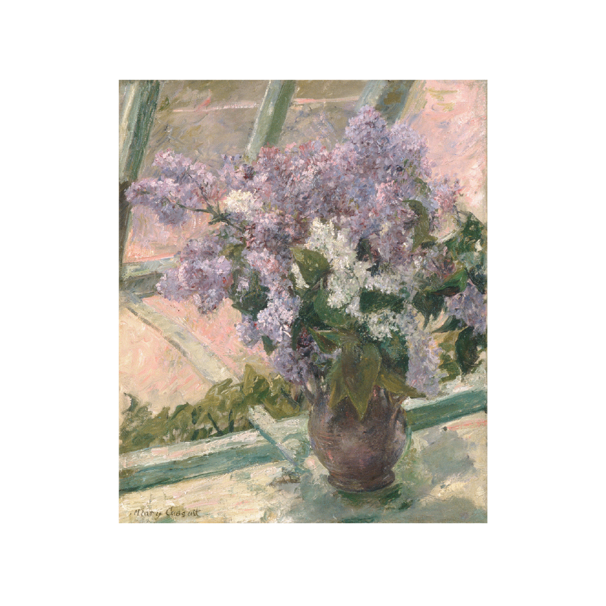 An art print showing a bouquet of lilac flowers in a brown vase on a windowsill, rendered in soft impressionistic brushstrokes with pink, green, and lavender tones.