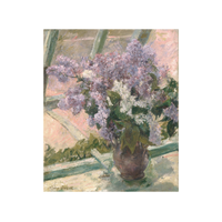 An art print showing a bouquet of lilac flowers in a brown vase on a windowsill, rendered in soft impressionistic brushstrokes with pink, green, and lavender tones.