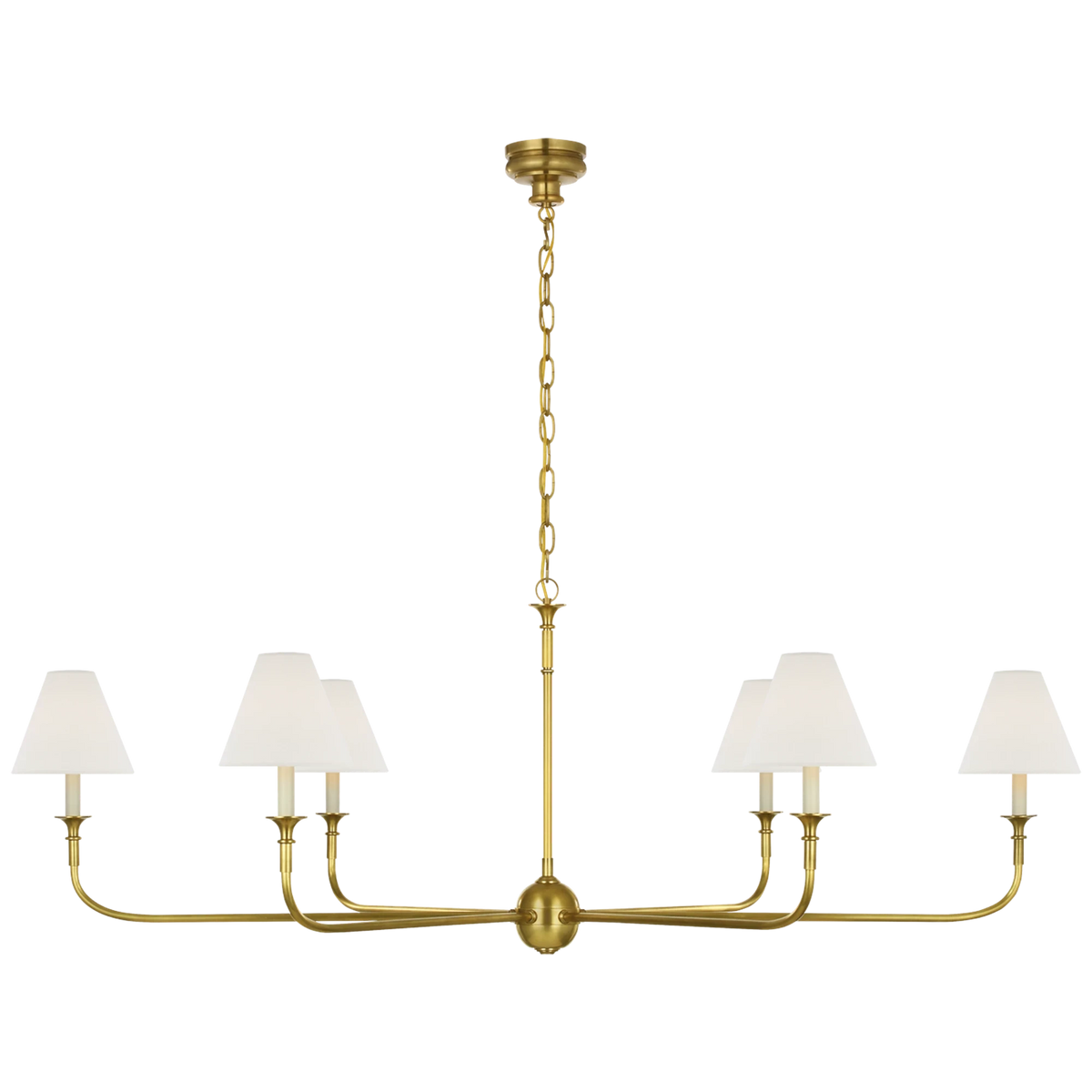 Acres Market & Interiors brass chandelier with six white linen shades and adjustable chain, classic sophistication.