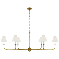 Acres Market & Interiors brass chandelier with six white linen shades and adjustable chain, classic sophistication.