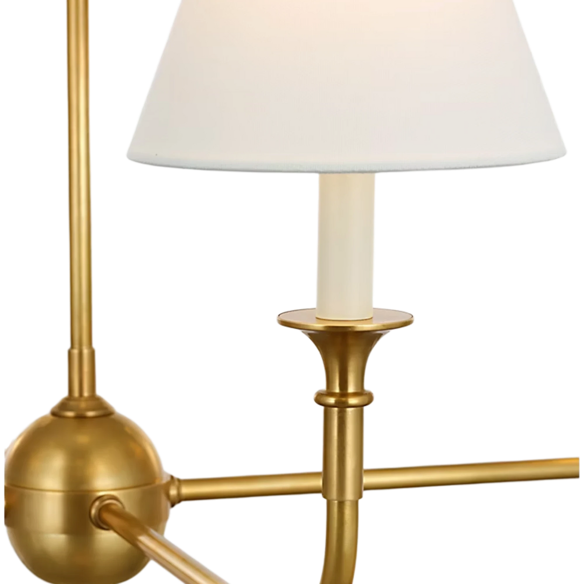 Acres Market & Interiors brass chandelier with six white linen shades and polished finish. Classic, minimalist design.