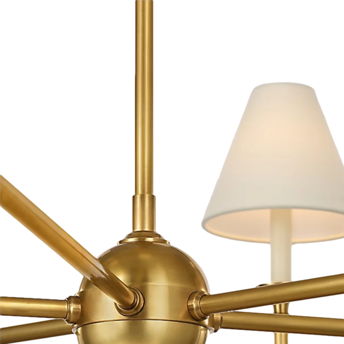 Acres Market & Interiors brass chandelier with six lights and white linen shades, classic design.