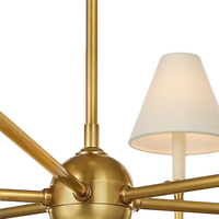 Acres Market & Interiors brass chandelier with six lights and white linen shades, classic design.