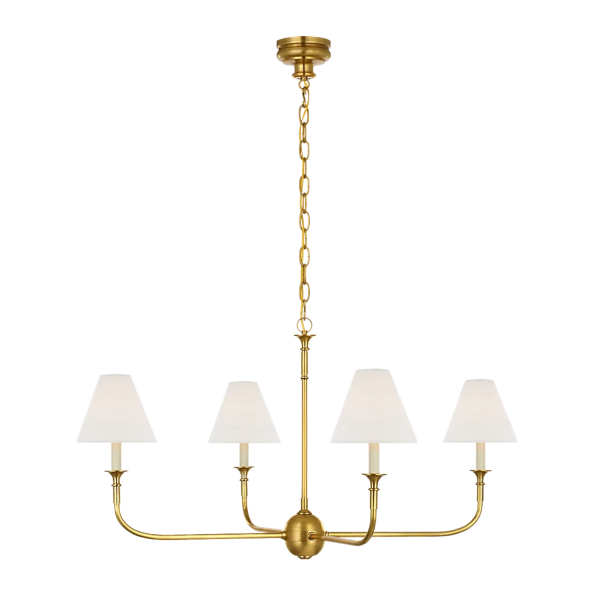 Acres Market & Interiors brass chandelier with four white linen shades and adjustable chain, classic design.