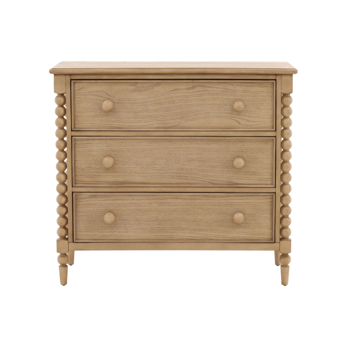 Wooden dresser with three drawers on a white background