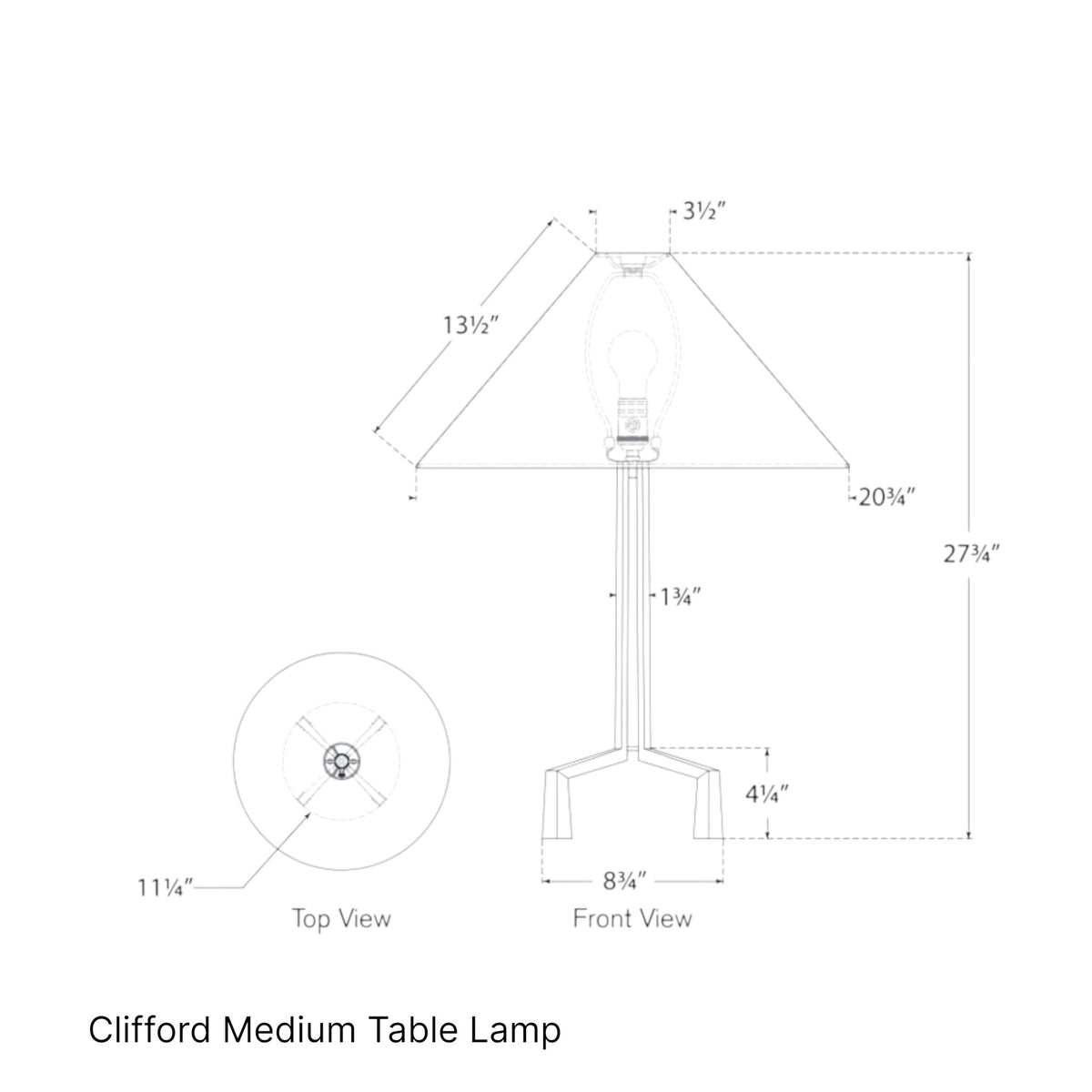 Acres Market & Interiors Clifford Medium Table Lamp technical drawing showing dimensions. Features a conical shade and a tripod base.