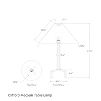 Acres Market & Interiors Clifford Medium Table Lamp technical drawing showing dimensions. Features a conical shade and a tripod base.