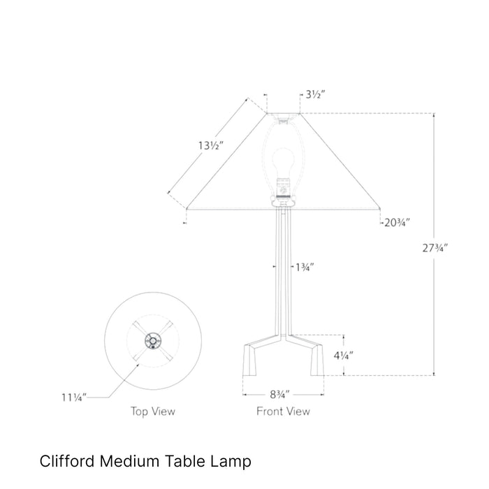 Acres Market & Interiors Clifford Medium Table Lamp technical drawing showing dimensions. Features a conical shade and a tripod base.