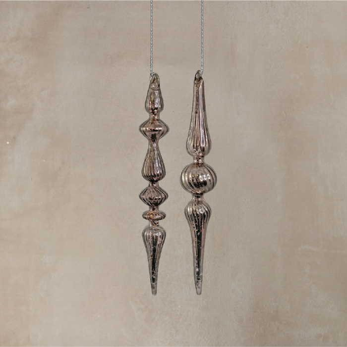 Silver Spindle Glass Ornament - Set of Two