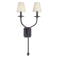 Acres Market & Interiors La Brea Double Sconce with textured iron base and two cream linen shades, 30"H x 14.5"W.