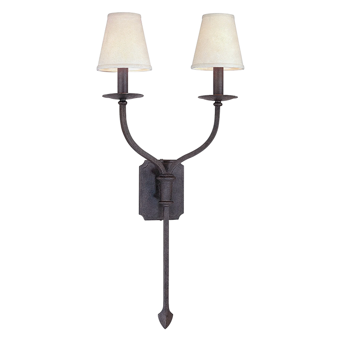 Acres Market & Interiors La Brea Double Sconce with textured iron base and two cream linen shades, 30"H x 14.5"W.